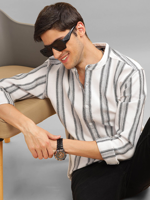 HERE&NOW Slim Fit Striped Mandarin Collar Cotton Casual Shirt