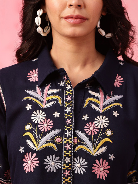 Anouk Navy Blue Embroidered Top With Trousers Co-Ords - Image 6