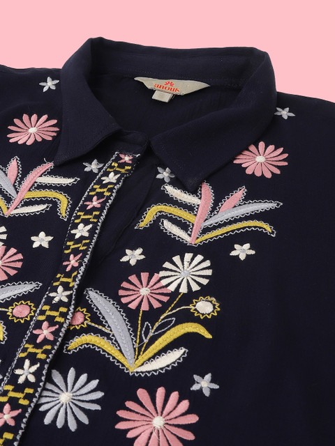 Anouk Navy Blue Embroidered Top With Trousers Co-Ords - Image 2