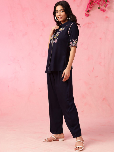 Anouk Navy Blue Embroidered Top With Trousers Co-Ords - Image 3