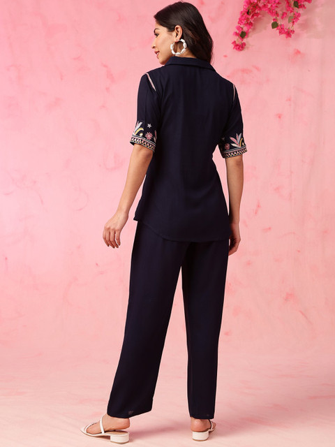 Anouk Navy Blue Embroidered Top With Trousers Co-Ords - Image 4