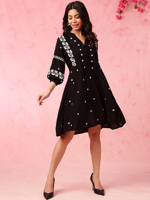 Anouk Black Floral Embroidered A-Line Knee Liva Length Ethnic Dress