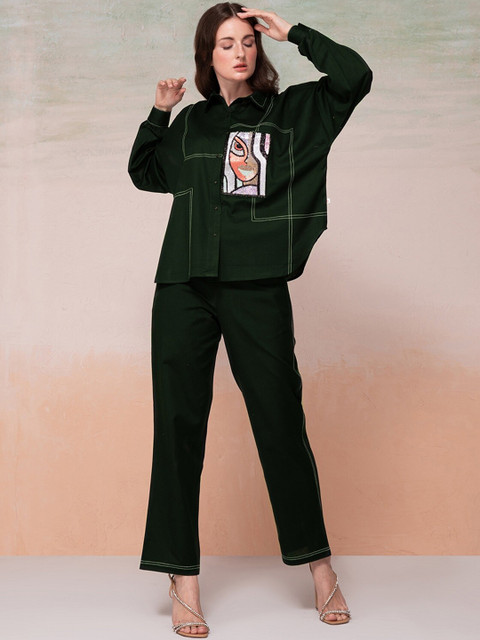 Bannos Swagger Green Embroidered Pure Cotton Shirt With Trousers