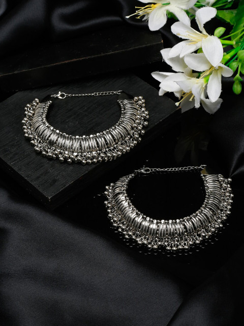 Sangria Set Of 2 German Silver-Plated Oxidised Tribal Anklets