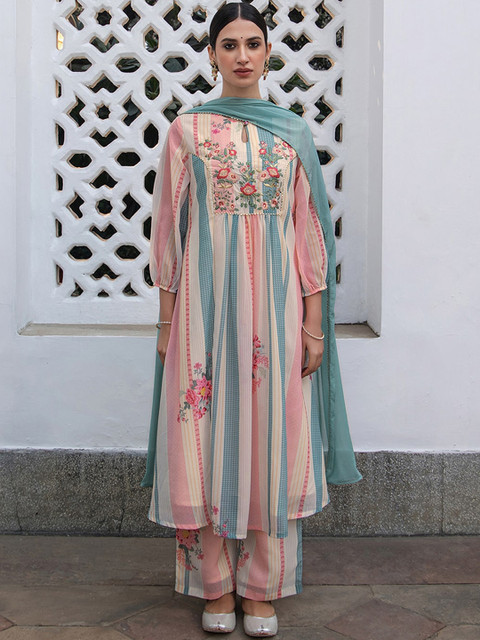 Janasya Floral Embroidered Keyhole Neck Thread Work Kurta with Trousers & Dupatta