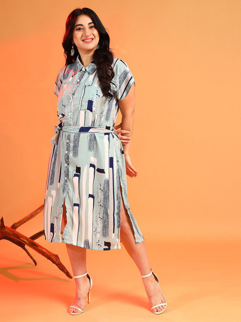 Instafab Plus Abstract Printed Shirt Collar Short Sleeves Midi Dress
