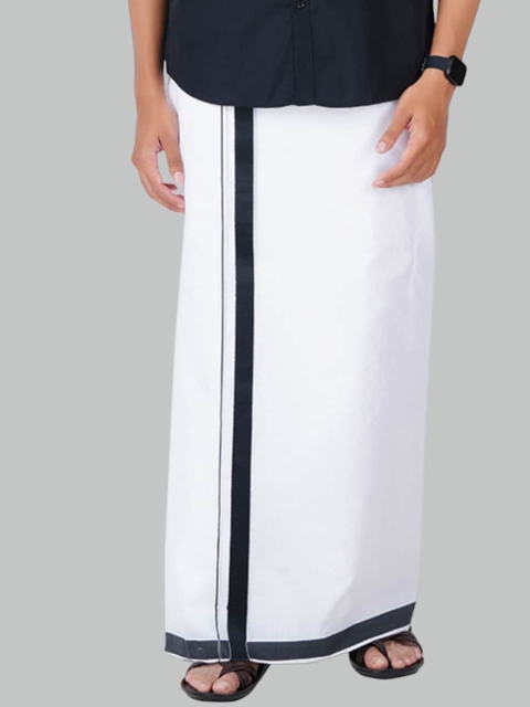 Ramraj Men Cotton White Solid Black Fancy Border Double Layer Dhoti