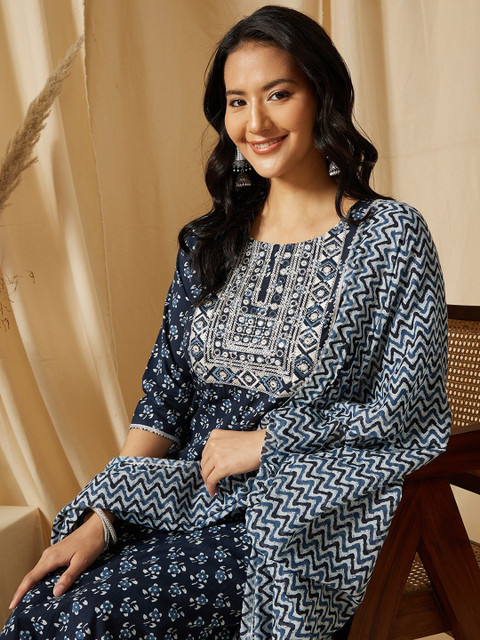 Ginni Arora Label Floral Embroidered Round Neck Pure Cotton Kurta with Trousers & Dupatta