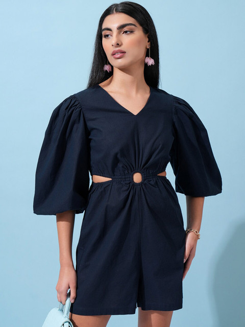 Tokyo Talkies Navy Blue V-Neck Cut-out Cotton Playsuit