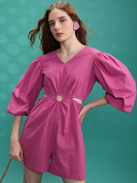 Tokyo Talkies Pink Puff Sleeves Cutout Jumpsuit