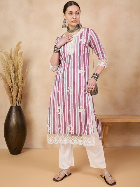 Anouk Striped Pure Cotton Thread Work Straight Kurta