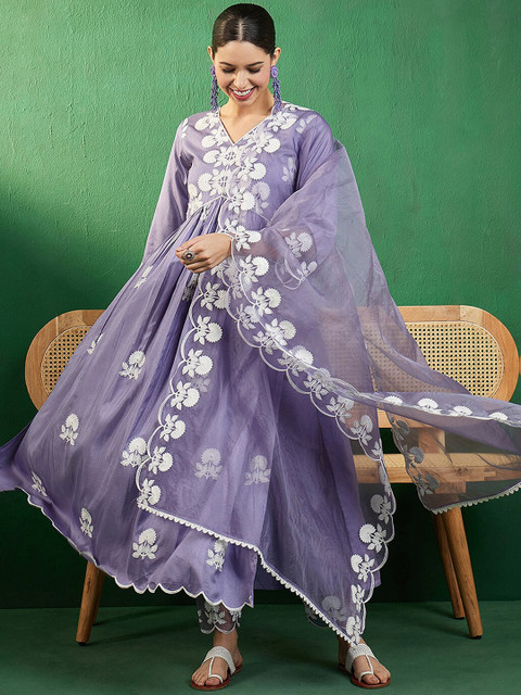 Sangria Alia Cut Embroidered A-Line Kurta With Trouser & Dupatta