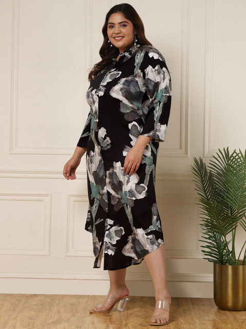 DEEBACO Plus Size Shirt Collar Floral Print A-Line Midi Dress - Image 4