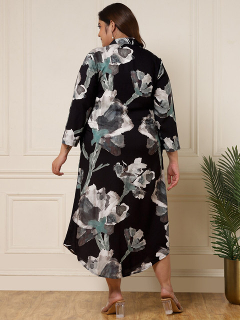 DEEBACO Plus Size Shirt Collar Floral Print A-Line Midi Dress - Image 5