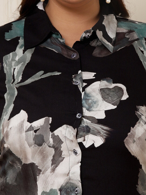 DEEBACO Plus Size Shirt Collar Floral Print A-Line Midi Dress - Image 3