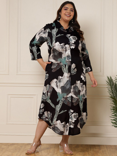 DEEBACO Plus Size Shirt Collar Floral Print A-Line Midi Dress - Image 2