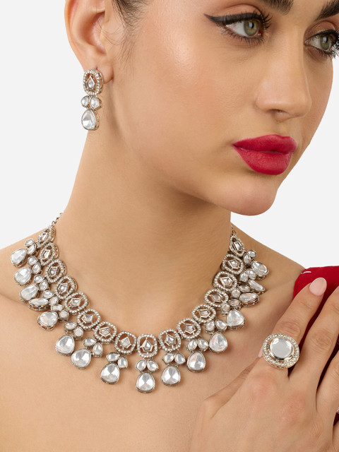 Zaveri Pearls Silver Plated Stone Studded Jewellery Set