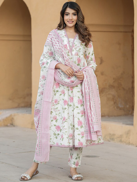 KALINI Women Floral Printed Regular Thread Work Pure Cotton Kurta with Trousers & Dupatta