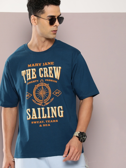 DILLINGER Men Typography Printed Oversized Drop-Shoulder Sleeves Pure Cotton T-shirt