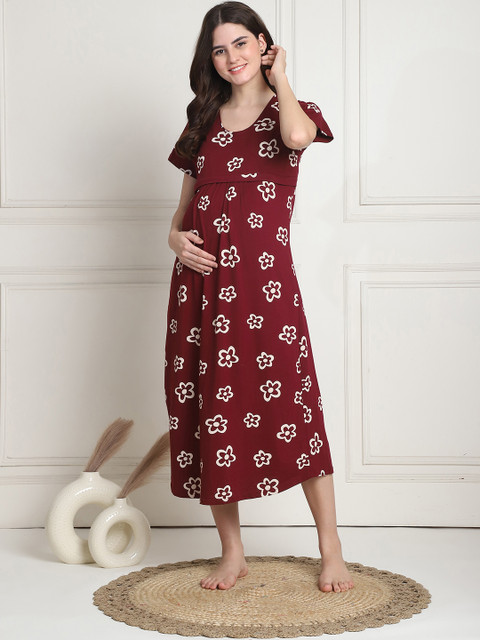 Secret Wish Women Floral Printed Pure Cotton Maternity Nightdress