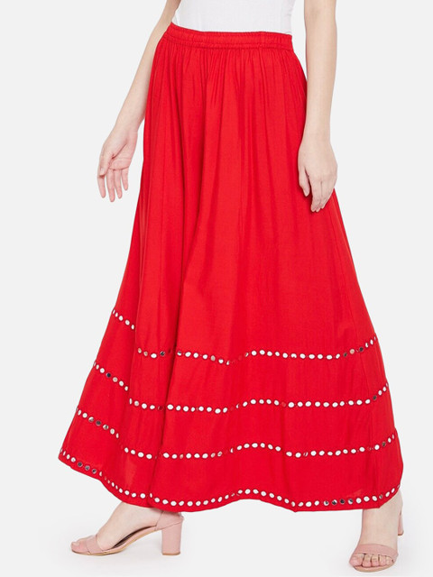 BCZ Style Embellished Mirror Work Maxi Flared Skirt - Image 3