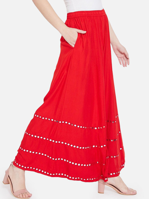 BCZ Style Embellished Mirror Work Maxi Flared Skirt - Image 2