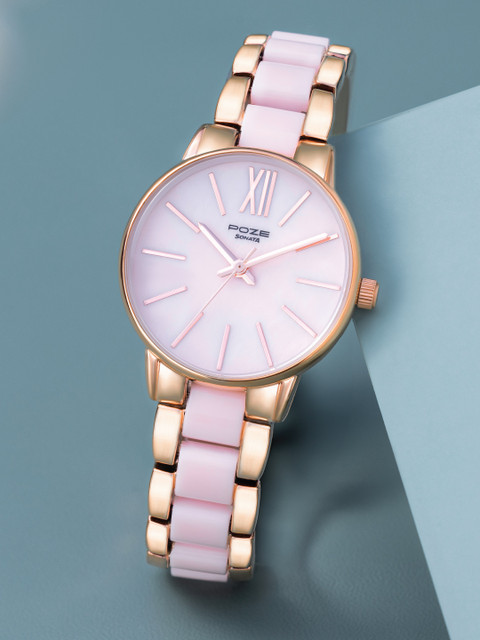 Sonata Poze Quartz Analog With Pink Mother Of Pearl Dial Watch For Women - Sp80051kd01w