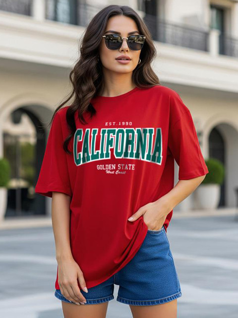 JUNEBERRY Typography Printed Drop Shoulder Sleeves Pure Cotton Oversized T-shirt