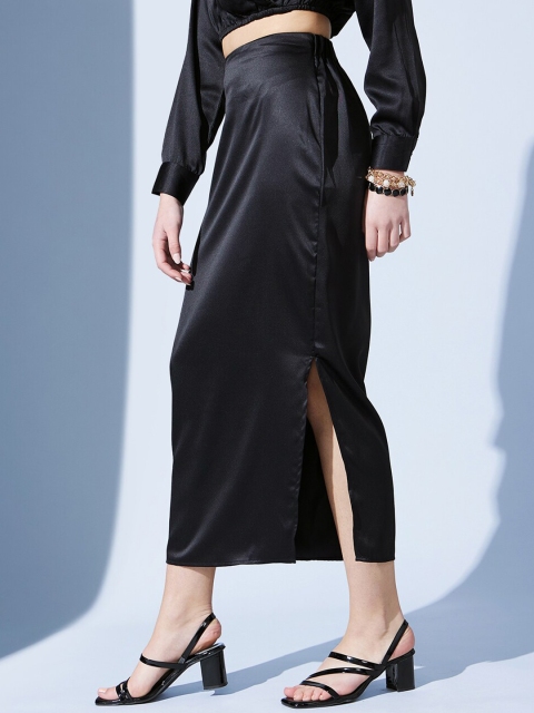 STREET 9 Black Straight Side Slit Midi Skirt - Image 2