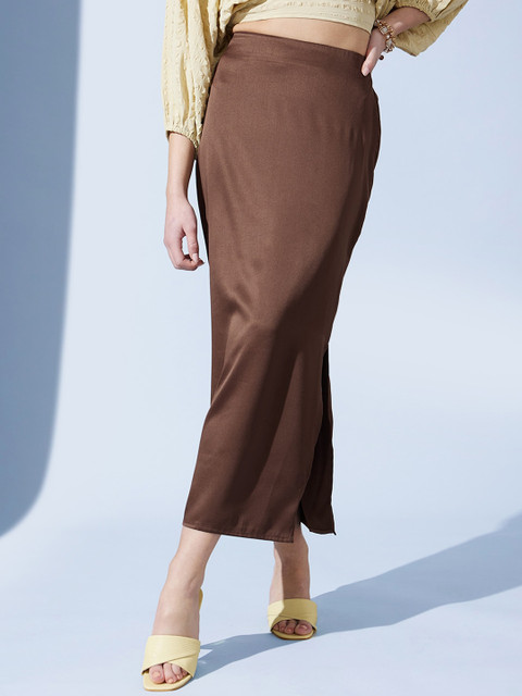 STREET 9 Brown Satin Pencil Midi Skirt