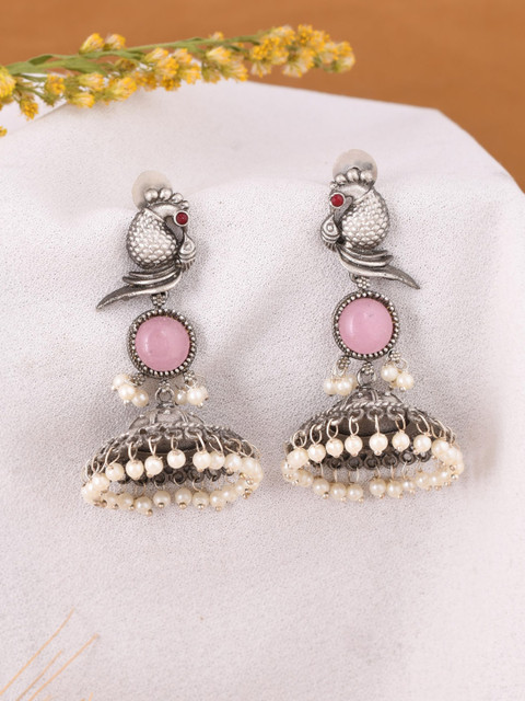 DASTOOR Silver-Plated Stone-Studded & Beaded Silver Diamond Shaped Oxidised Jhumkas