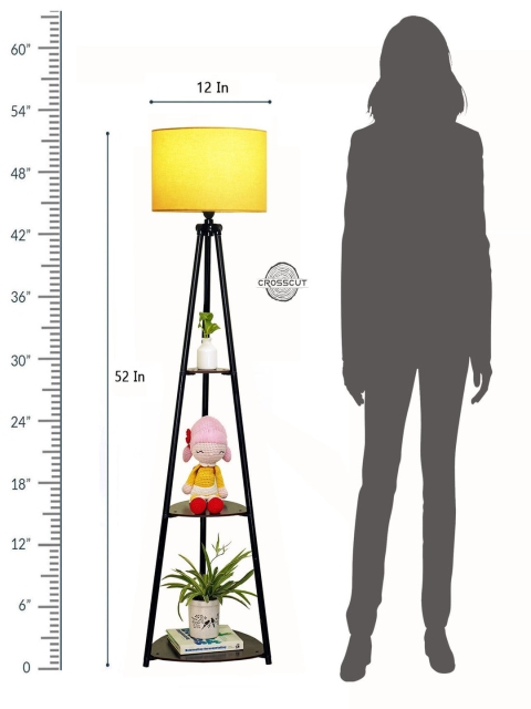 Crosscut Yellow & Black Metal Cylinder Shaped Floor Lamp With Shelves - Image 5