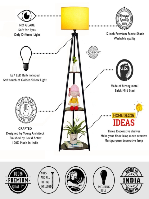 Crosscut Yellow & Black Metal Cylinder Shaped Floor Lamp With Shelves - Image 4