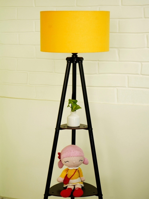 Crosscut Yellow & Black Metal Cylinder Shaped Floor Lamp With Shelves - Image 3