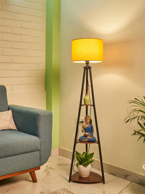 Crosscut Yellow & Black Metal Cylinder Shaped Floor Lamp With Shelves - Image 2