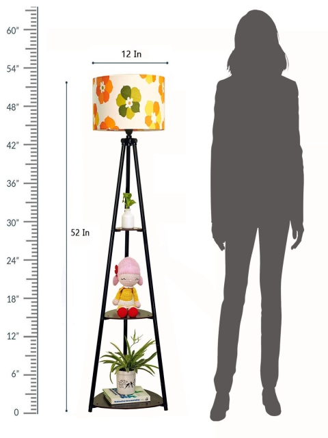 Crosscut White & Black Floral Printed Metal Cylinder Shaped Floor Lamp With Shelves - Image 5