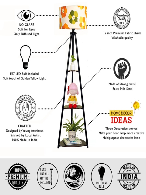 Crosscut White & Black Floral Printed Metal Cylinder Shaped Floor Lamp With Shelves - Image 4