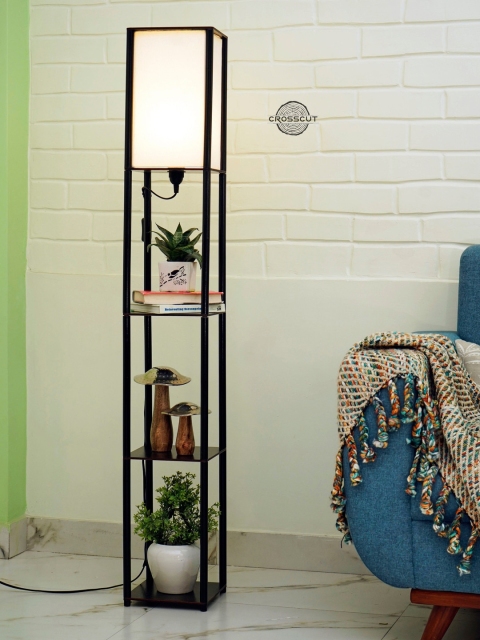 Crosscut White & Black Metal Tower Floor Lamp With Shelves - Image 2