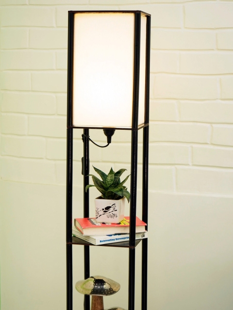 Crosscut White & Black Metal Tower Floor Lamp With Shelves - Image 3