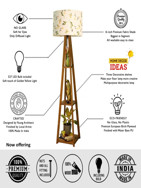 Crosscut White & Brown Printed Wooden Cylinder Shaped Floor Lamp With Shelves - Image 5