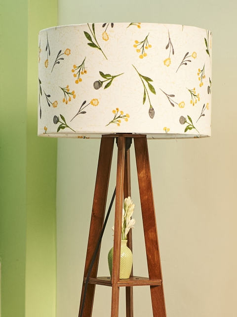 Crosscut White & Brown Printed Wooden Cylinder Shaped Floor Lamp With Shelves - Image 3