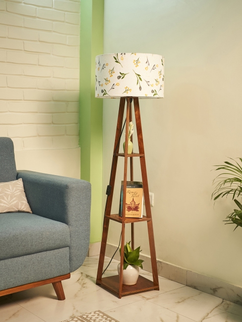 Crosscut White & Brown Printed Wooden Cylinder Shaped Floor Lamp With Shelves - Image 2
