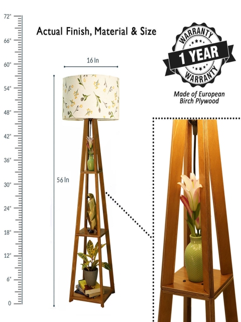 Crosscut White & Brown Printed Wooden Cylinder Shaped Floor Lamp With Shelves - Image 4