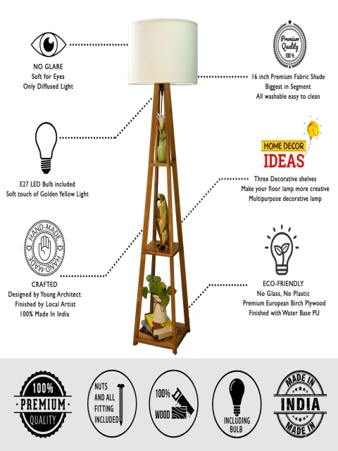 Crosscut White & Brown Wooden Cylinder Shaped Floor Lamp With Shelves - Image 5