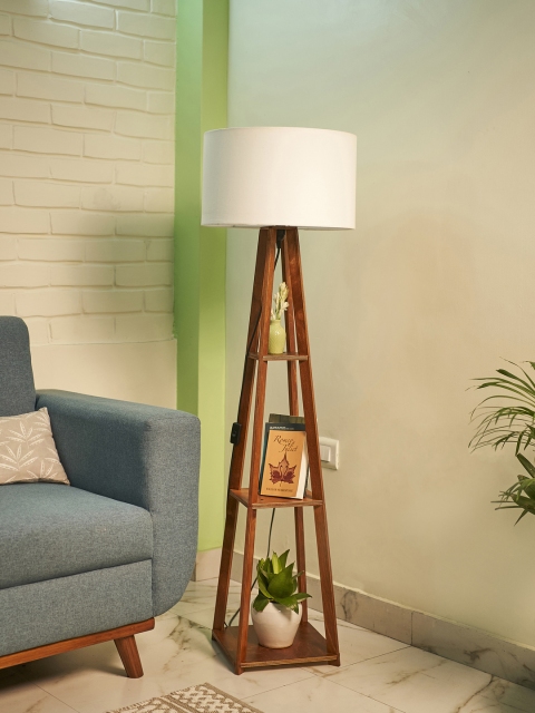 Crosscut White & Brown Wooden Cylinder Shaped Floor Lamp With Shelves - Image 2