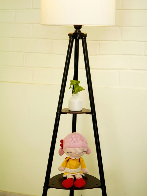 Crosscut White & Brown Metal Cylinder Shaped Floor Lamp With Shelves - Image 3