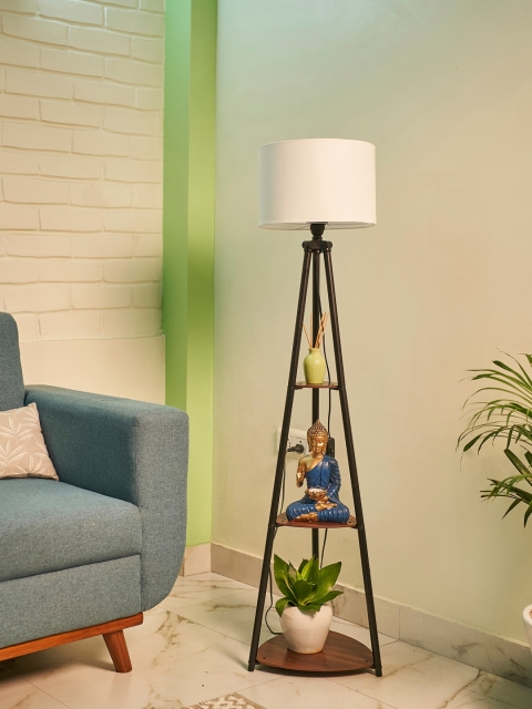 Crosscut White & Brown Metal Cylinder Shaped Floor Lamp With Shelves - Image 2