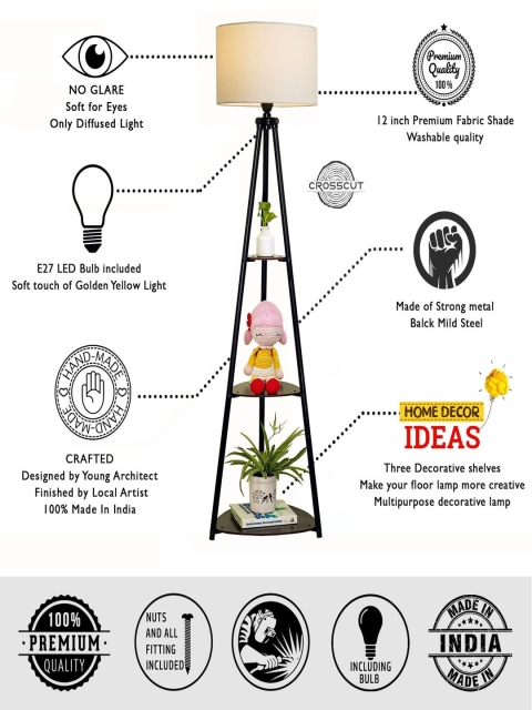 Crosscut White & Brown Metal Cylinder Shaped Floor Lamp With Shelves - Image 5