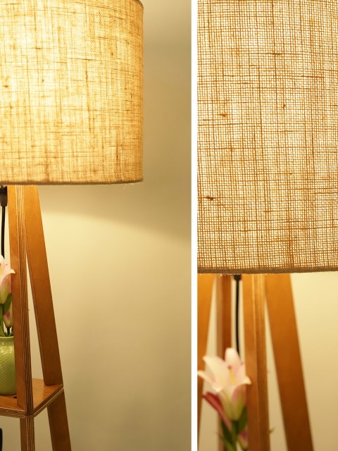Crosscut Beige & Brown Wooden Cylinder Shaped Floor Lamp With Shelves - Image 6