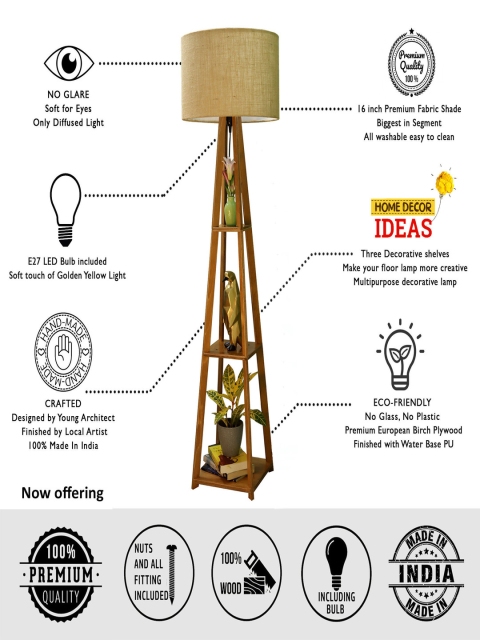 Crosscut Beige & Brown Wooden Cylinder Shaped Floor Lamp With Shelves - Image 5
